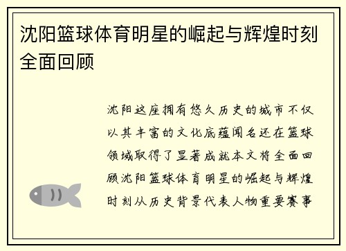 沈阳篮球体育明星的崛起与辉煌时刻全面回顾